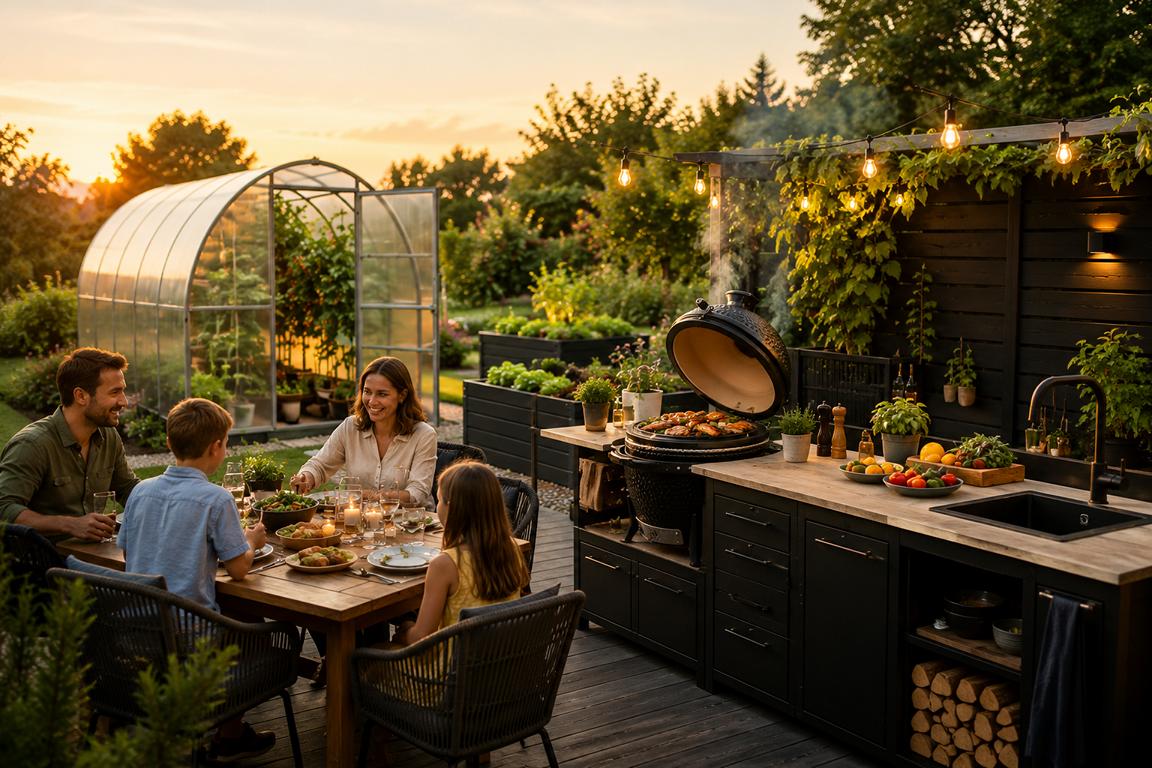 Familie genießt gemeinsam frisches Essen im Garten mit Outdoor-Küche, Kamado Grill und Gewächshaus im Hintergrund.