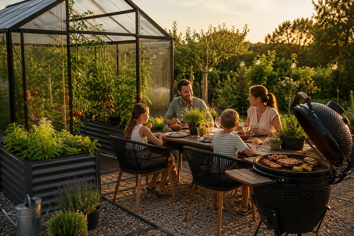 Familie genießt frisches Gemüse aus dem eigenen Gewächshaus am Kamado Grill im Garten