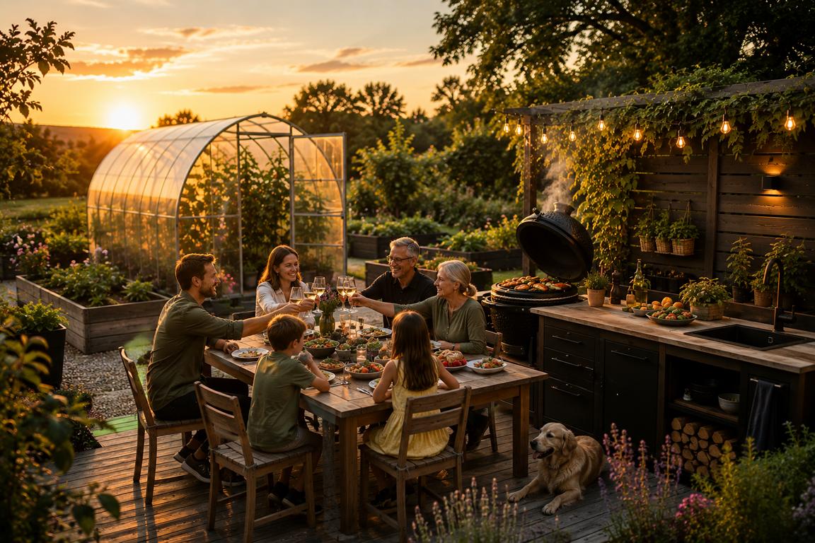 Familie genießt den Garten mit Gewächshaus, Hochbeet und Outdoor-Küche.