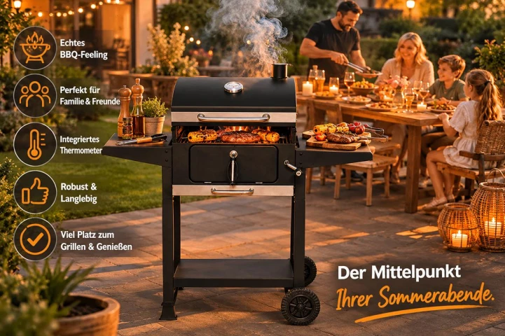 BBQ Holzkohlegrill mit Deckel & Thermometer - Mustang Laguna